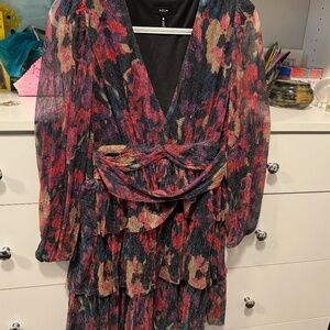 Aqua Floral Metallic Pleated V-Neck Cocktail Party Mini Dress Long Sleeves Small